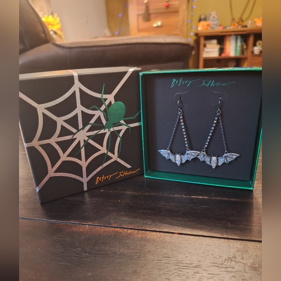 Betsey Johnson Jewelry - Betsey Johnson Black and Silver Bat Earrings with Spider Web Box